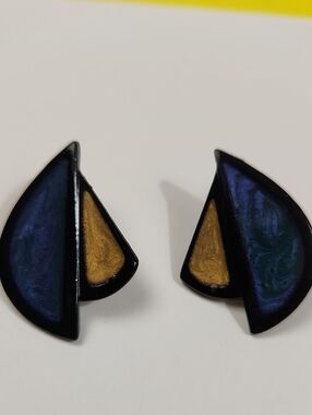 Vintage Geometric Enamel Post Earrings  Blue and Gold